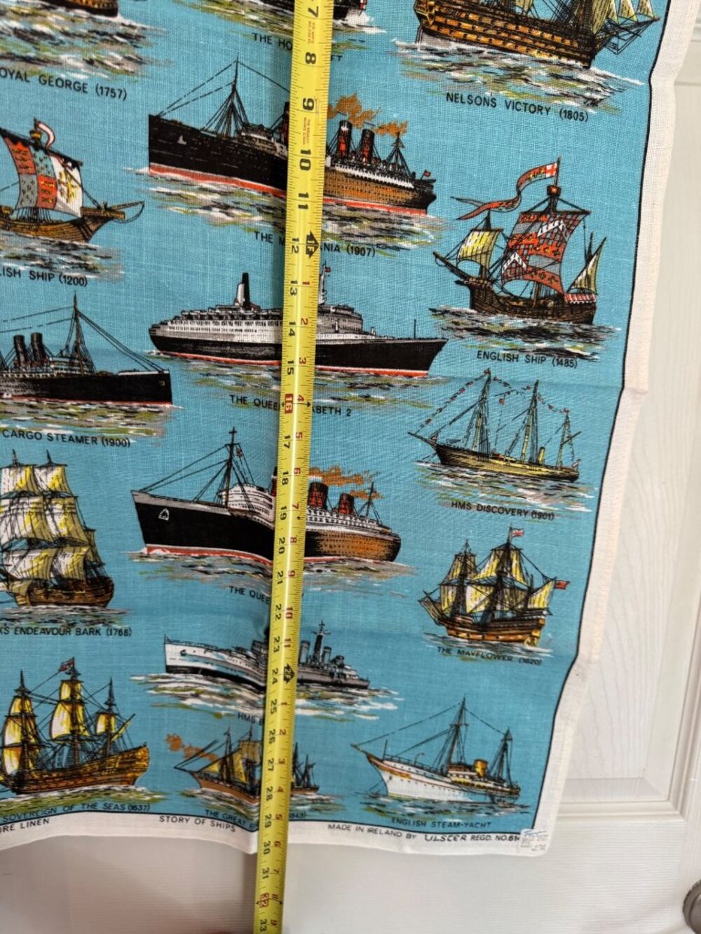 Story Of Ships Vintage Linen Tea Towel Ulster Ireland 30x19 Blue Nautical Theme - Picture 8 of 14